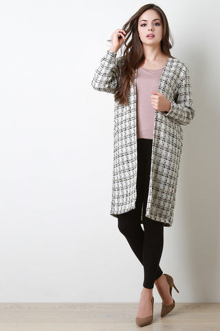 Tweed Plaid Open Front Longline Collarless Jacket