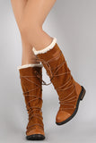 Faux Fur Cuff Strappy Lace Tie Round Toe Knee High Boots