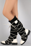 Faux Fur Cuff Strappy Lace Tie Round Toe Knee High Boots