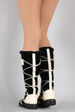 Faux Fur Cuff Strappy Lace Tie Round Toe Knee High Boots