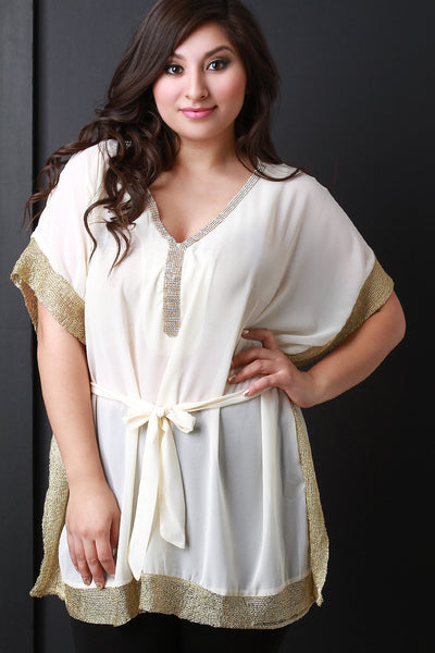 Metallic Gold Knit Trim Kimono Top
