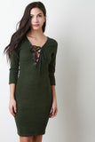 Fleecey Lace Up Quarter Sleeve Bodycon Dress