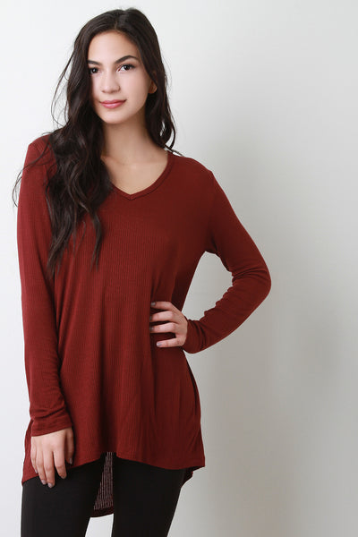 Vertical Ribbed V-Neck Top