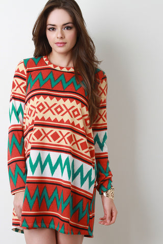 Tribal Long Sleeves Mini Shift Dress