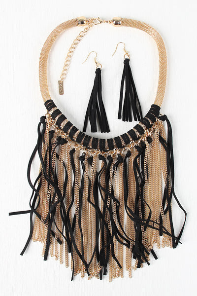 Chain And Suede Fringe Mesh Tube Necklace