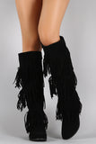 Suede Layered Fringe Round Toe Knee High Boots