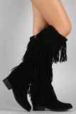 Suede Layered Fringe Round Toe Knee High Boots