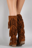 Suede Layered Fringe Round Toe Knee High Boots