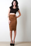 Vegan Suede Side Ruched Midi Skirt