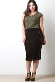 Snap Button Side Ribbed Midi Skirt