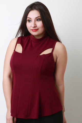 Mock Neck Cutout Sleeveless Peplum Top