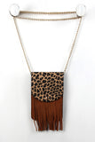 Leopard Flap Suede Fringe Pouch Bag