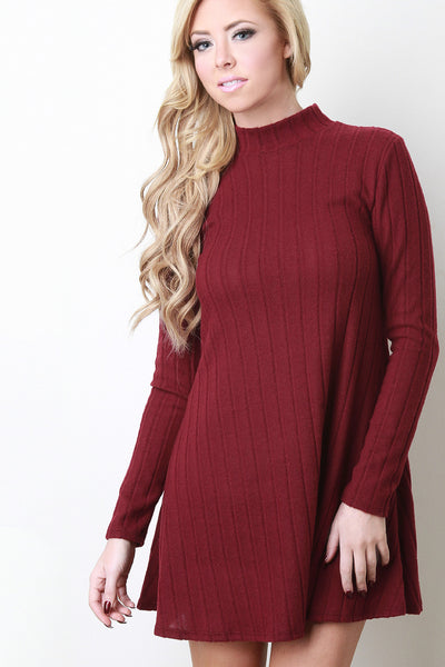 Mock Neck Ribbed Fleece Shift Dress