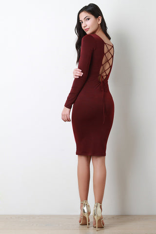 Back Corset Lace Up Long Sleeves Bodycon Midi Dress