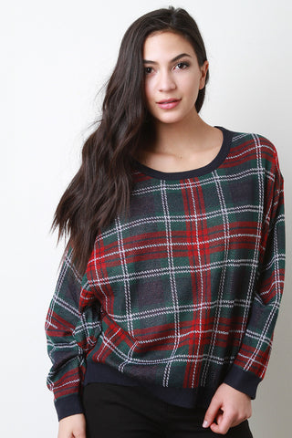 Knit Plaid Dolman Sleeve Top