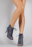 Denim Print Caged Lace Up Peep Toe Booties