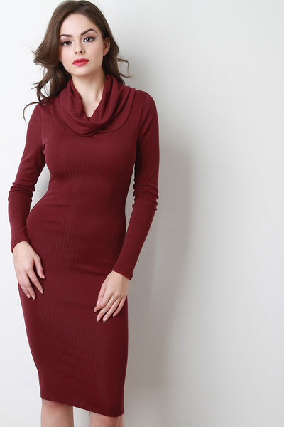 Cowl Neck Long Sleeves Bodycon Midi Dress