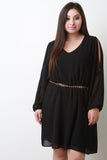 Belted Chain Long Sleeves Cold Shoulder Cocktail Dress