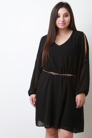 Belted Chain Long Sleeves Cold Shoulder Cocktail Dress
