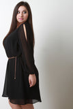 Belted Chain Long Sleeves Cold Shoulder Cocktail Dress