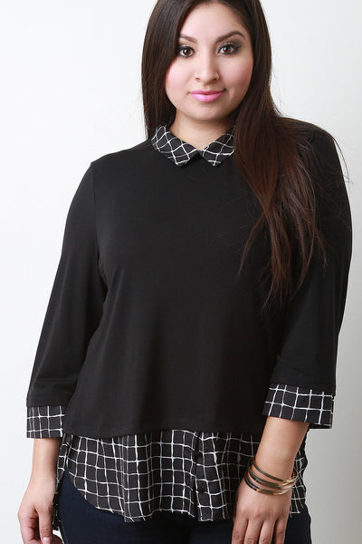 Grid Chiffon Faux Layer Collar Top