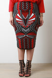 Thick Knit Mixed Pattern Print Pencil Skirt