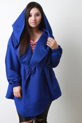 Self-Tie Sash Pleated Long Sleeves Hooded Coat