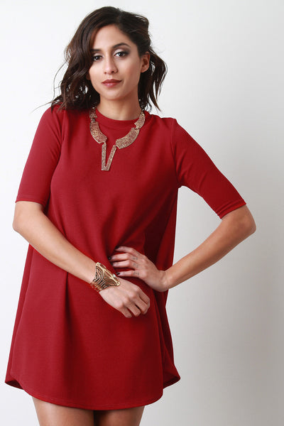 Round Neck Elbow Sleeves Mini Shift Dress