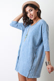 Zipper Front Faded Denim Imprint Dress