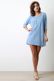 Zipper Front Faded Denim Imprint Dress