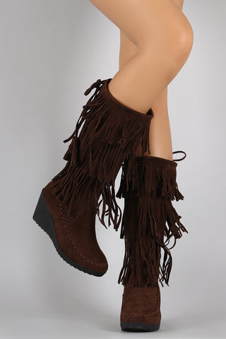 Suede Layered Fringe Drawstring Moccasin Wedge Boots