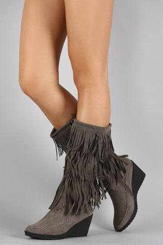 Suede Layered Fringe Moccasin Mid Calf Wedge Boots