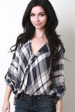 Plaid Surplice Button Tab Sleeves Top
