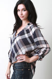 Plaid Surplice Button Tab Sleeves Top