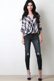 Plaid Surplice Button Tab Sleeves Top