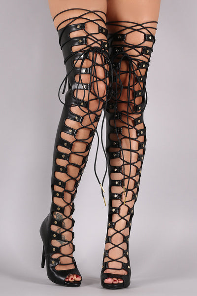 Nail Head Studs Corset Lace Up Stiletto Over-The-Knee Boots