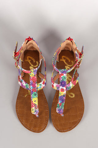 Qupid Floral Vegan Snake Thong Flat Sandal