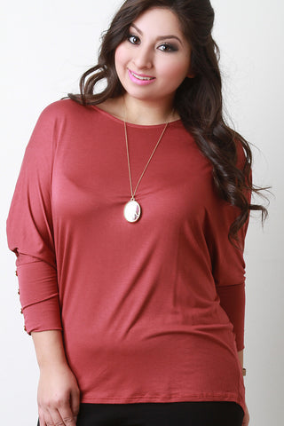 Round Neck Button Accent Dolman Sleeves Top