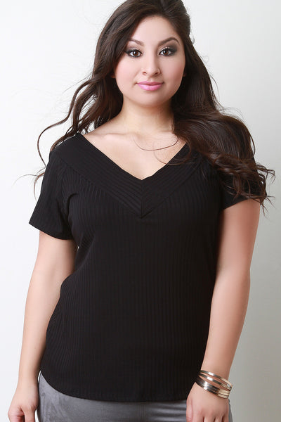 Ribbed Knit V-Neck Short Sleeves Top