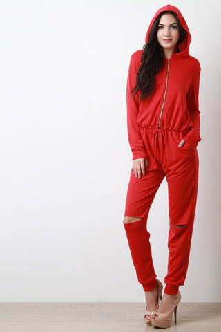 Front Zip Slit Knee Hooded Jumpsuit