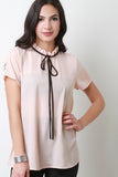 Semi-Sheer Tie Ruffle Neck Top