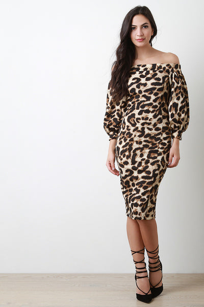 Leopard Print Bishop Sleeve Off The Shoulder Dress