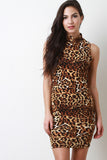 Leopard Mock Neck Strappy Open Back Dress