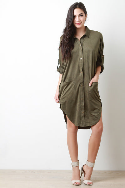 Button Up Vegan Suede Pocket Shirt Dress