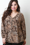 Relaxed Leopard Print Zipper V-Neck Top