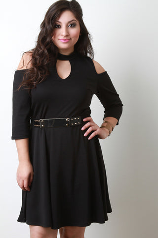 Cold Shoulder Belted Skater Dress