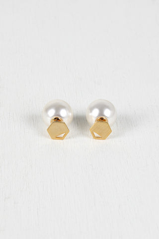Cutout Hexagon And Pearl Double Sided Earrings