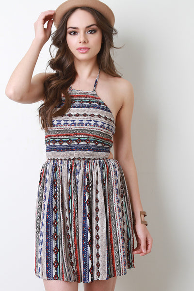 Tribal Print Strappy Back Smocked Babydoll Dress