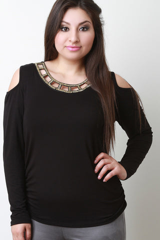 Beaded Cutout Collar Cold Shoulder Top