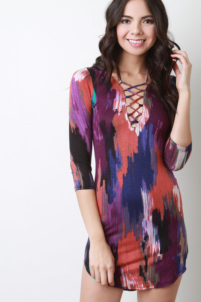 Tie Dye Lace Up Three Quarter Sleeves Mini Dress